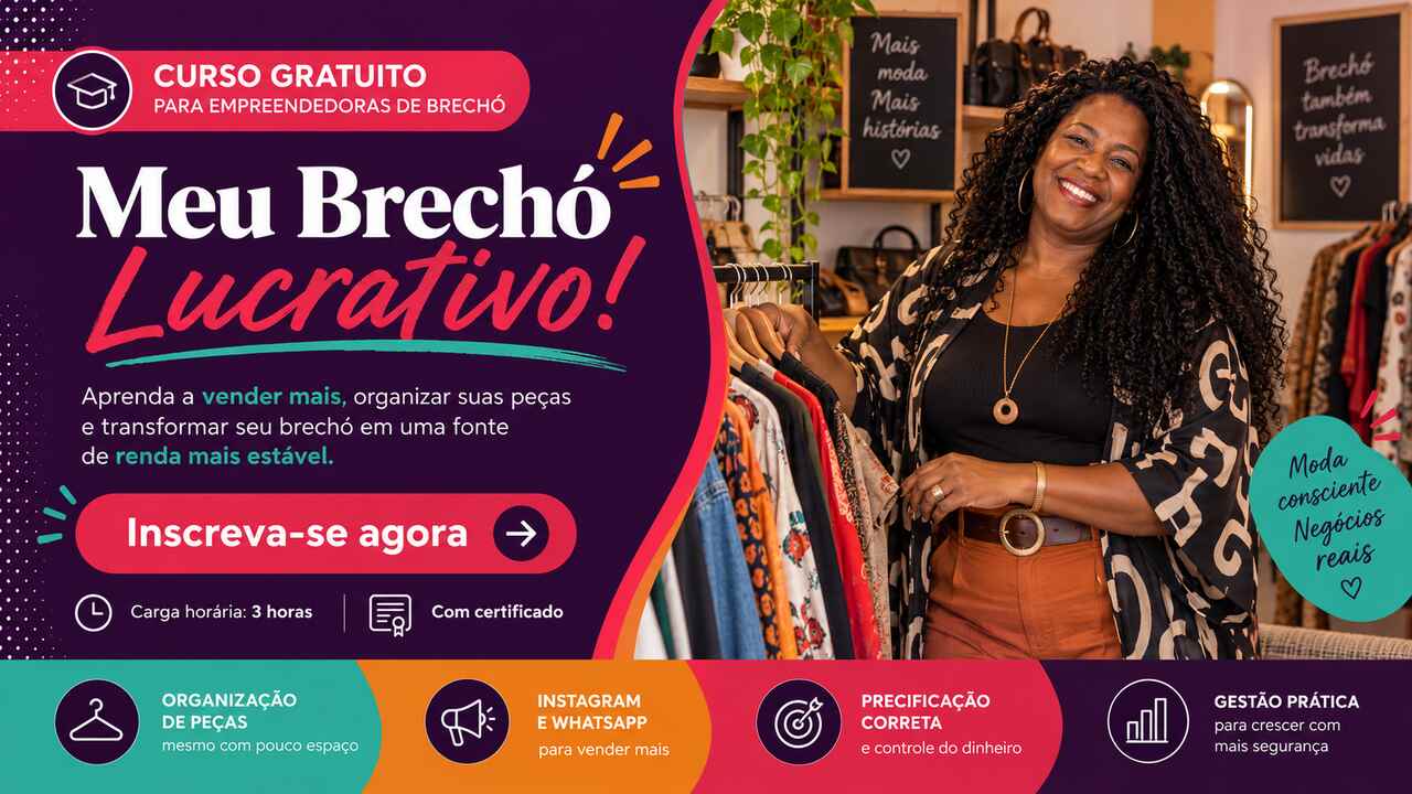 Anúncio colorido de curso para empreendedoras mostrando que brechó dá dinheiro com gestão, vendas e moda consciente