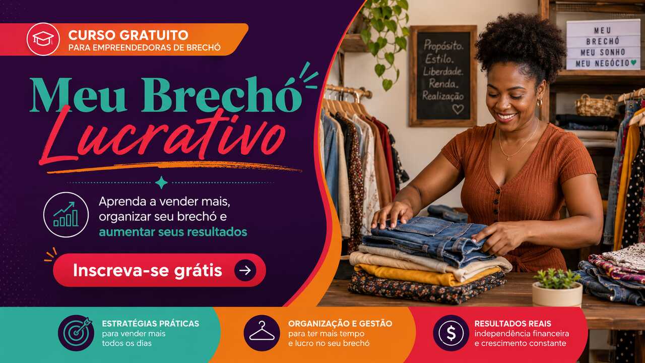 Banner de curso gratuito para empreendedoras de brechó, ensinando organização, gestão e como aumentar as vendas em brechó.