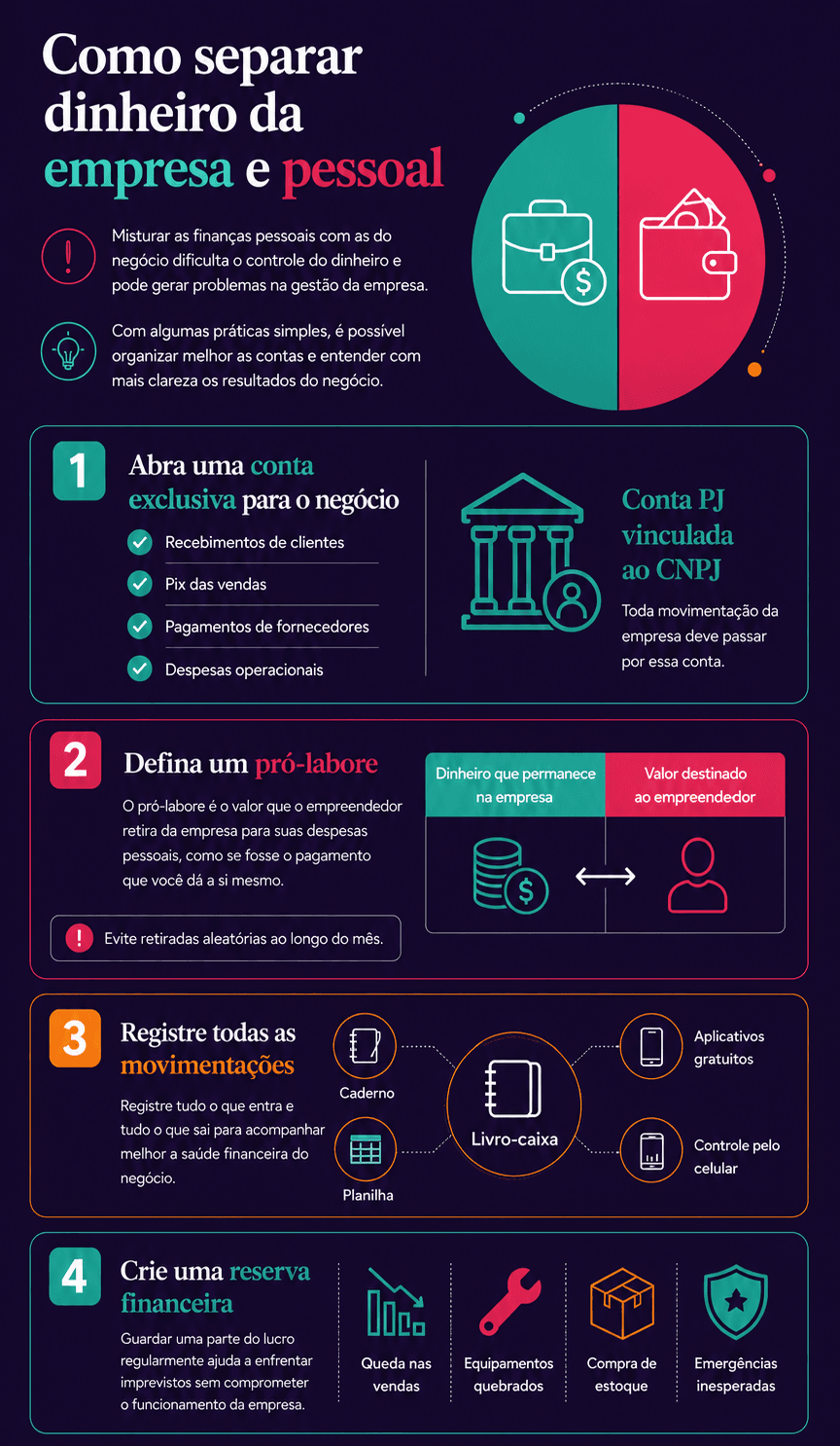 Infográfico ensina empreendedores como separar dinheiro da empresa e pessoal, mostrando dicas práticas de contas, pró-labore e reservas financeiras.