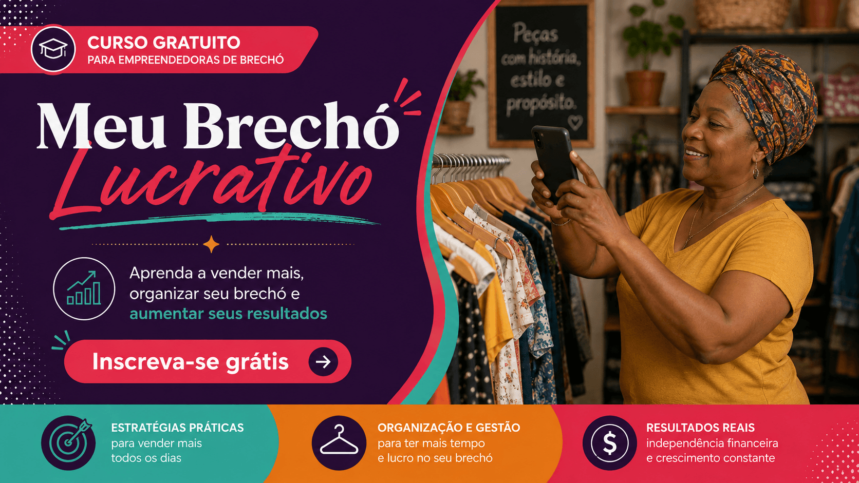 Banner do curso com ideias de conteúdo para brechó vender mais.