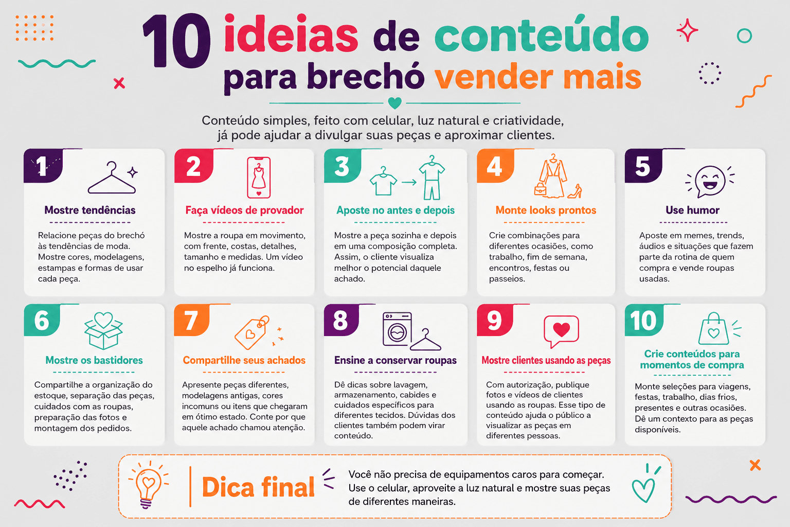 Infografico apresenta 10 ideias de conteúdo para brechó vender mais