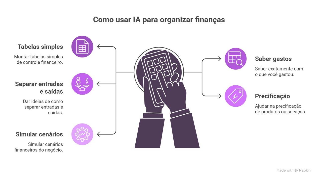 Infográfico colorido explicando como usar IA para organizar finanças, destacando tabelas, entradas, saídas, precificação e cenários simulados.