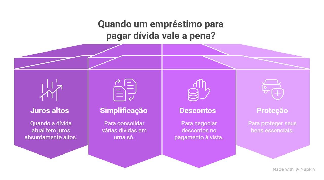 Infográfico mostra quando um empréstimo para pagar dívida vale a pena: juros altos, simplificação, descontos à vista e proteção de bens essenciais. Educação financeira visual.