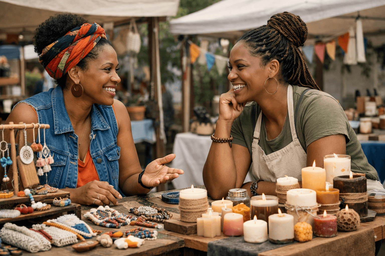 Duas mulheres conversam em feira artesanal, rodeadas por joias e velas coloridas, ilustrando conexão comunitária e mostrando na prática o que é networking profissional em ambientes colaborativos.
