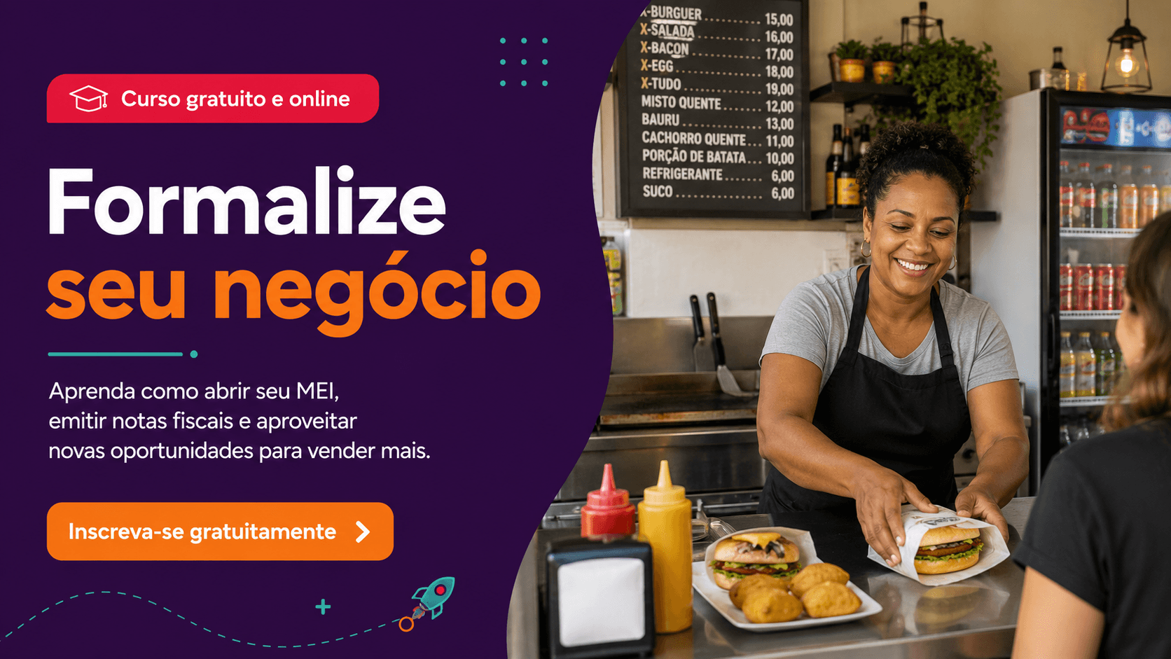 Curso gratuito sobre formalização do MEI com empreendedor servindo lanches em restaurante, destacando oportunidades de vendas para MEI.